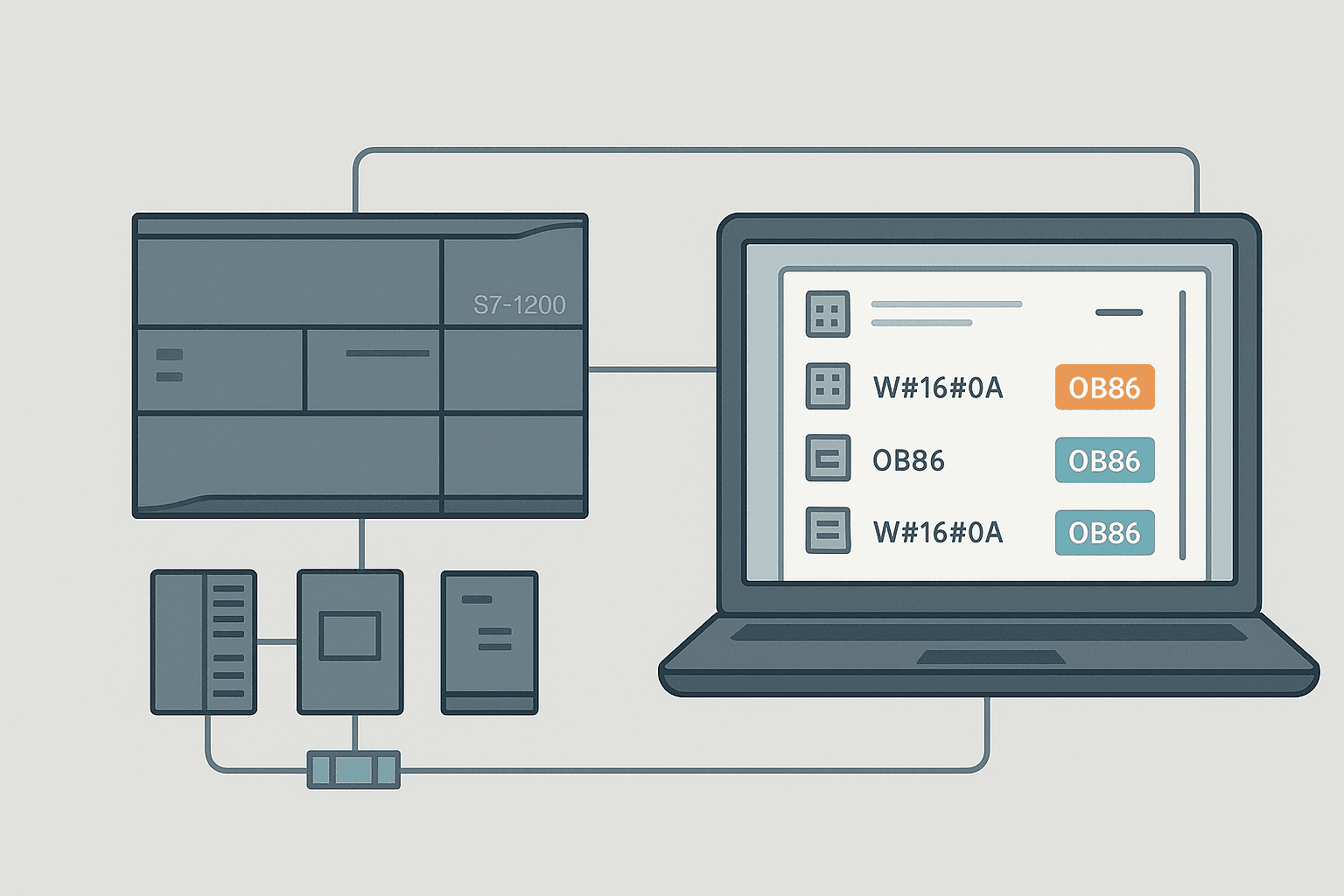 Flat vector diagram of a Siemens S7-1200 PLC connected to a laptop displaying a diagnostic buffer with amber error code badges and teal module icons