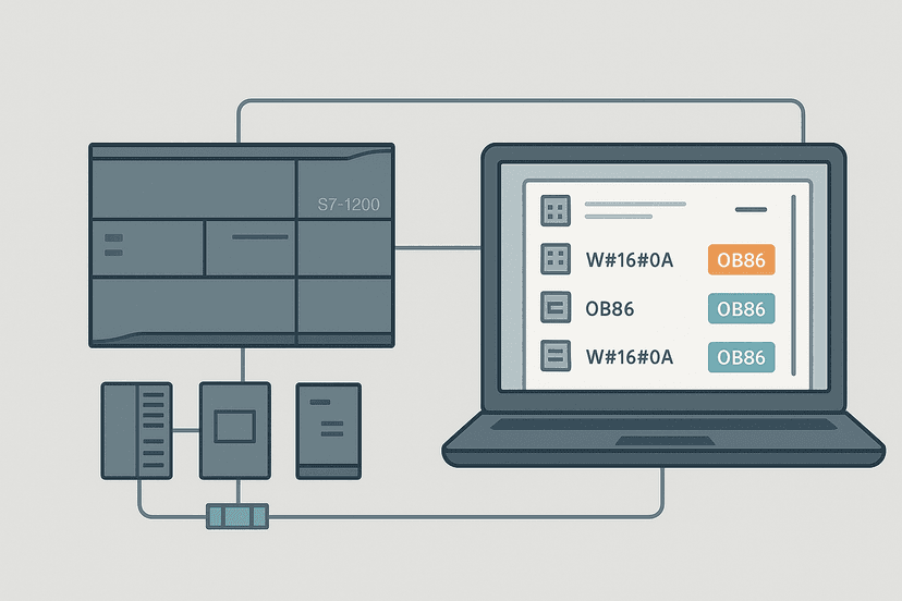 Flat vector diagram of a Siemens S7-1200 PLC connected to a laptop displaying a diagnostic buffer with amber error code badges and teal module icons