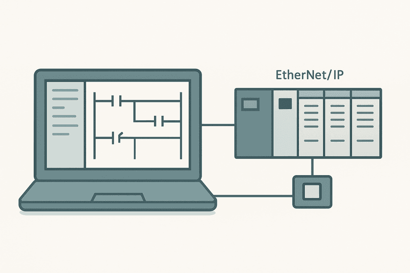 Flat vector diagram of a Studio 5000 Logix Designer ladder editor open on a laptop connected to a ControlLogix rack and EtherNet/IP network