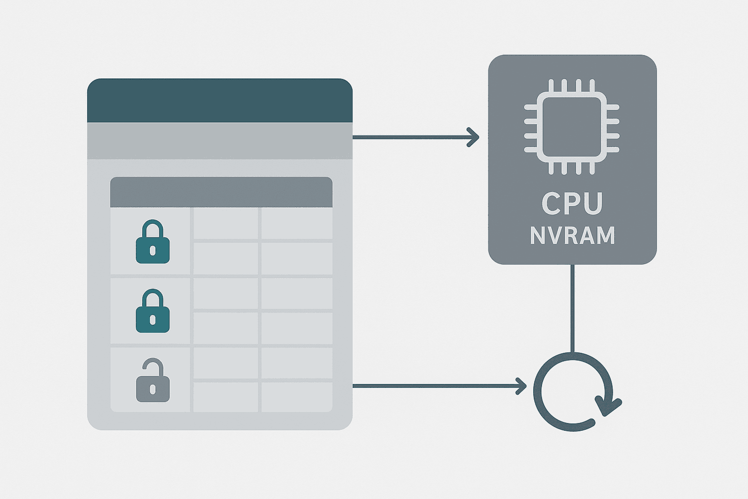 Flat vector diagram of a TIA Portal data block editor showing retain lock icons active on two variables and inactive on a third, with arrows to NVRAM and start value reload blocks