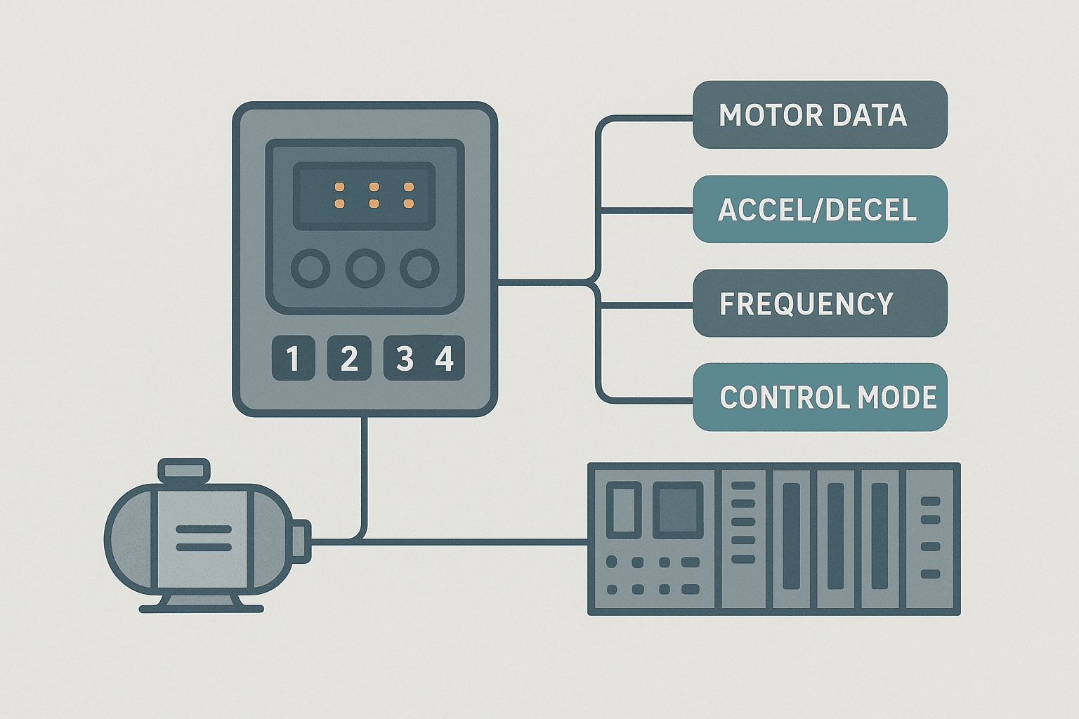 Flat vector diagram of a VFD connected to a motor and PLC with labeled parameter setting groups including frequency limits, accel and decel, and control mode
