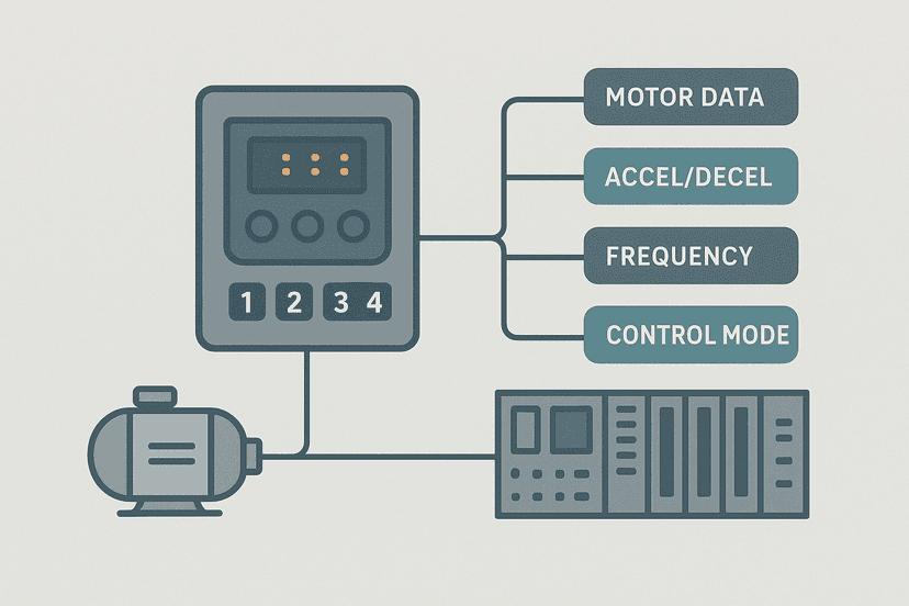 Flat vector diagram of a VFD connected to a motor and PLC with labeled parameter setting groups including frequency limits, accel and decel, and control mode