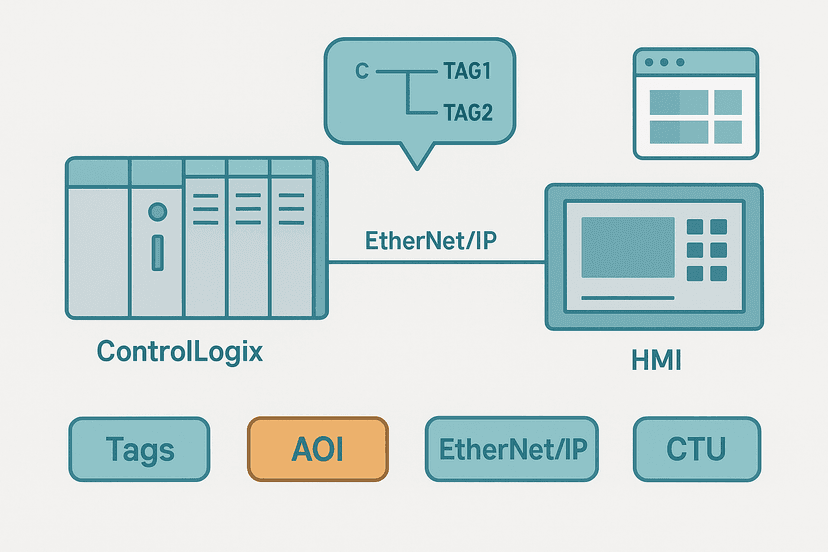 Flat vector diagram of an Allen-Bradley ControlLogix rack connected to an HMI via EtherNet/IP with floating ladder logic rungs and Studio 5000 tag labels