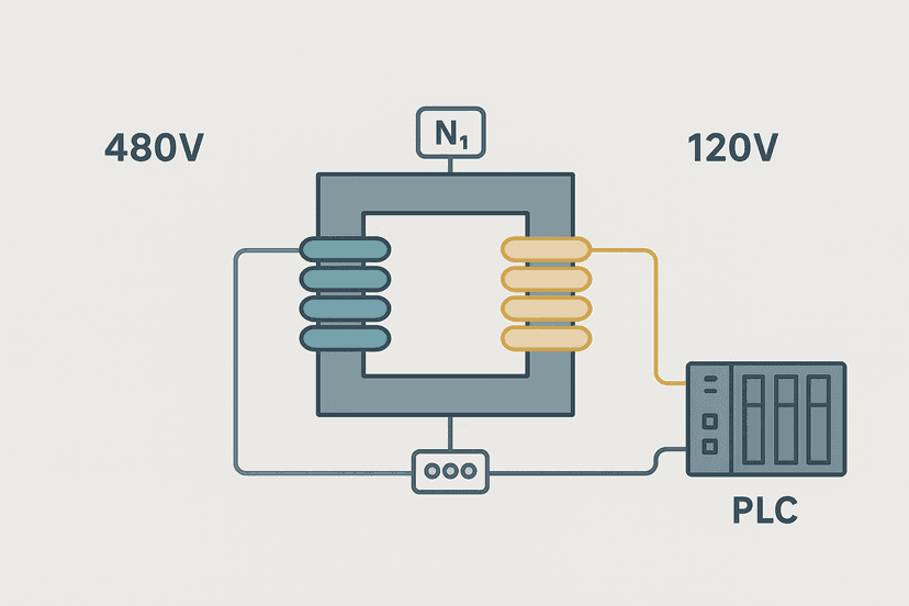 Flat vector diagram of an electrical transformer showing primary and secondary windings with turns ratio labels and connections to a PLC control panel terminal block