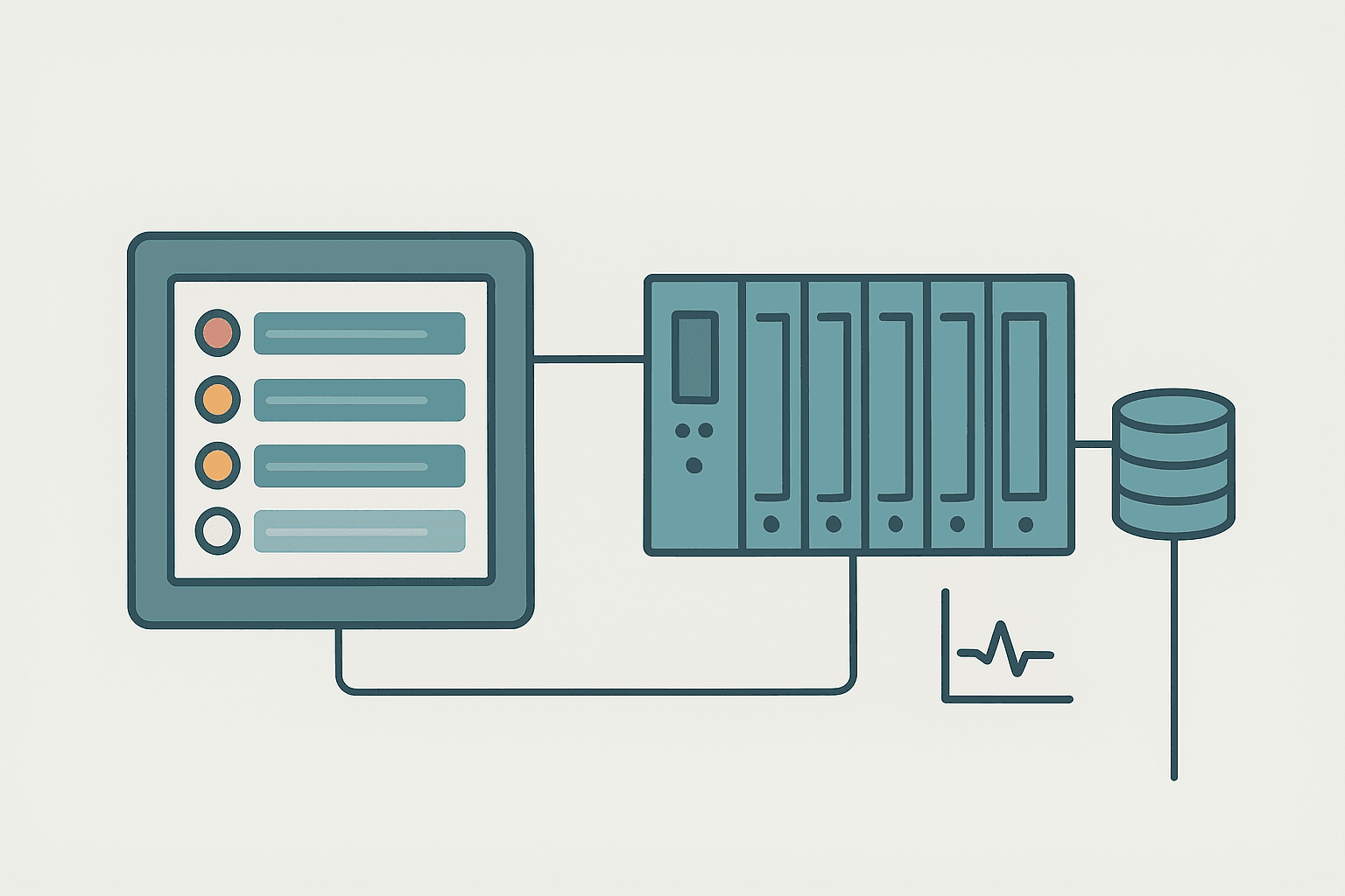Flat vector diagram of an HMI screen displaying a prioritised alarm list connected to a PLC rack and tag database, illustrating HMI alarm configuration workflow