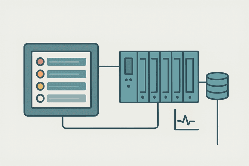 Flat vector diagram of an HMI screen displaying a prioritised alarm list connected to a PLC rack and tag database, illustrating HMI alarm configuration workflow