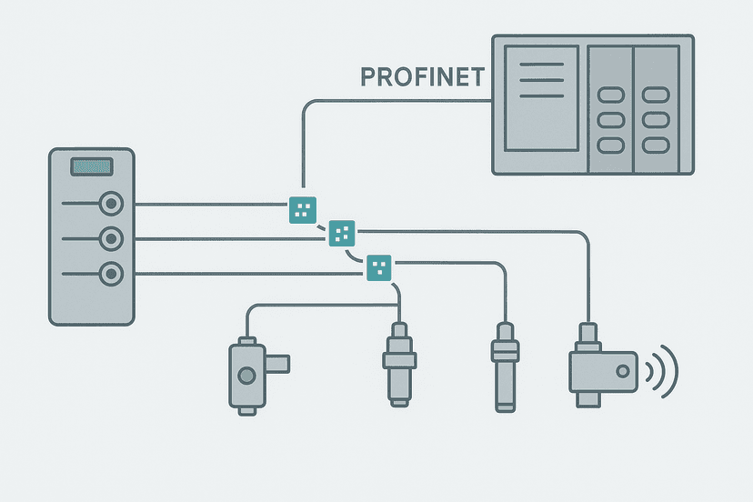 Flat vector diagram of an IO-Link master connecting four sensors to a PLC over PROFINET, showing process data flow on each sensor cable