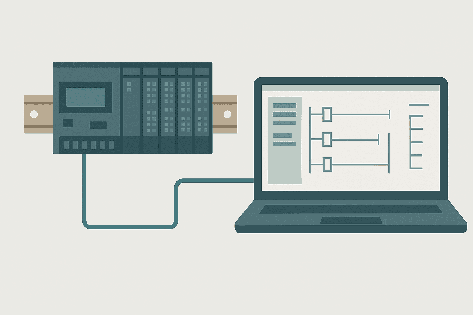 Flat vector diagram of an Omron NJ PLC rack connected to a laptop running Sysmac Studio ladder logic editor with I/O configuration panels open
