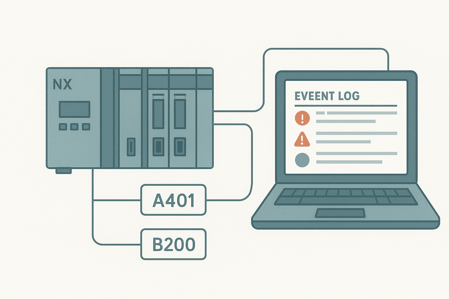 Flat vector diagram of an Omron NX PLC rack connected to a laptop running Sysmac Studio with an error code event log displayed on screen