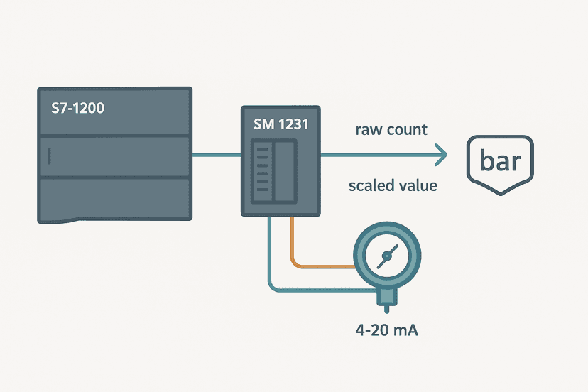 Flat vector diagram of an S7-1200 PLC with SM 1231 analog input module wired to a 4-20 mA transmitter, showing raw count and scaled engineering unit values