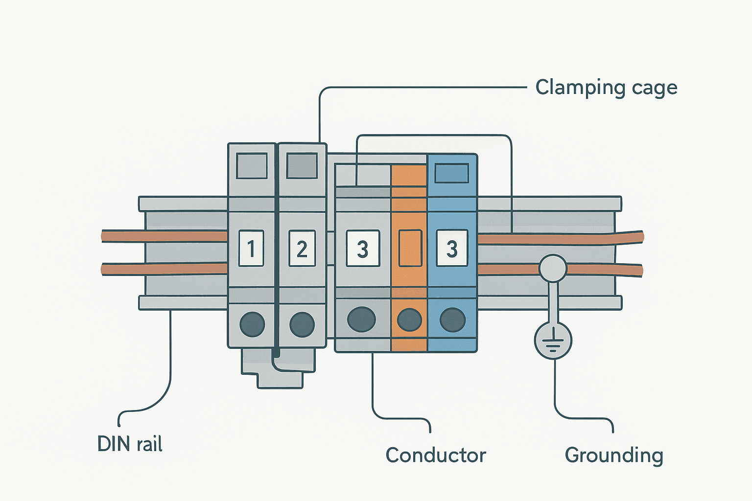 Flat vector diagram of DIN rail terminal blocks showing conductor entry points, jumper bar, label tags and grounding terminal on a 35mm rail