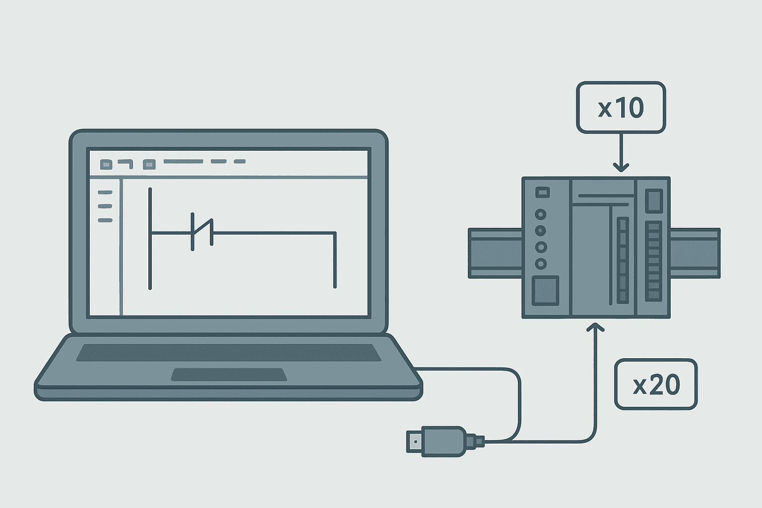 Flat vector diagram of GX Works3 IDE on a laptop connected via USB to a Mitsubishi iQ-F PLC on a DIN rail, showing ladder logic rungs and device monitor callouts