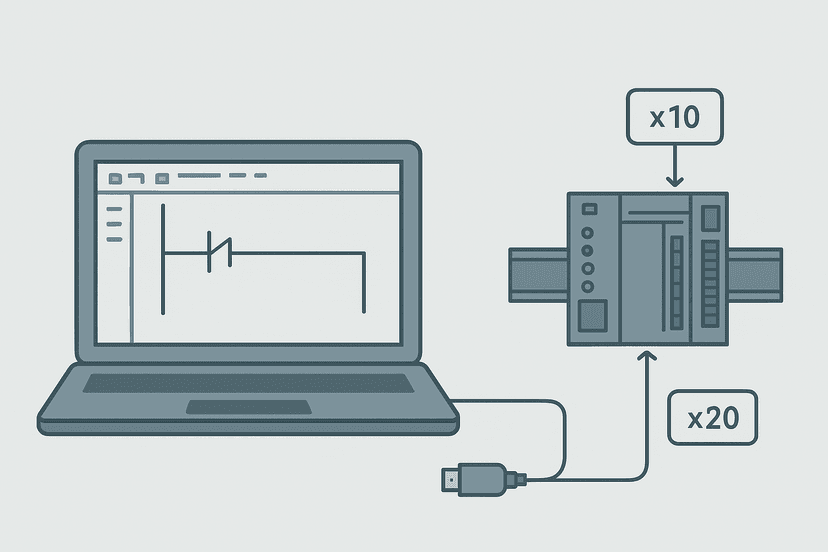 Flat vector diagram of GX Works3 IDE on a laptop connected via USB to a Mitsubishi iQ-F PLC on a DIN rail, showing ladder logic rungs and device monitor callouts