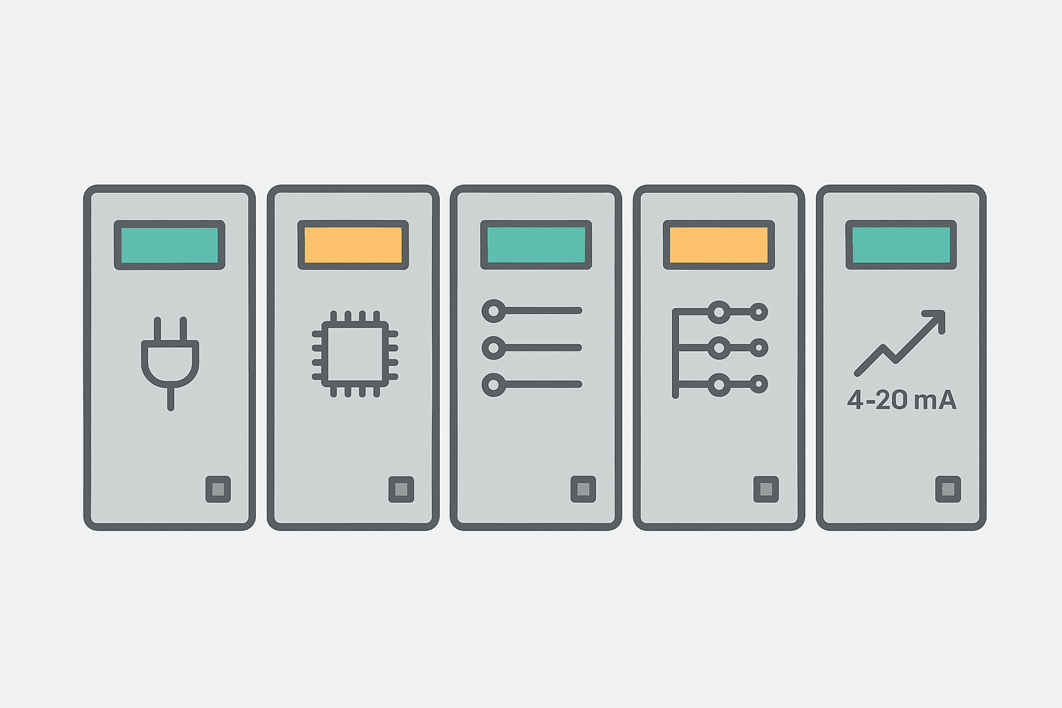 Flat vector diagram of PLC hardware components including power supply, CPU, digital input module, digital output module, and analog input module with connector lines