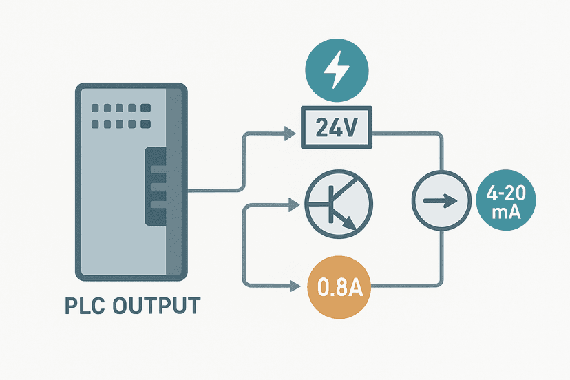 Flat vector diagram of PLC output module channels connected to relay, transistor and analog loads with diagnostic measurement badges on each circuit