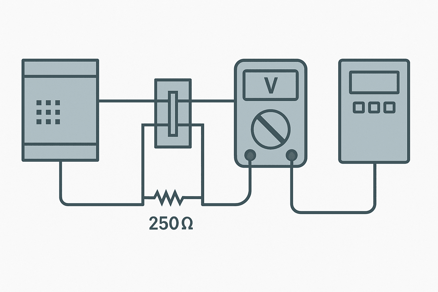 Flat vector diagram of the split-and-measure method for testing a PLC 4-20 mA analog output using a 250-ohm test resistor at the terminal block