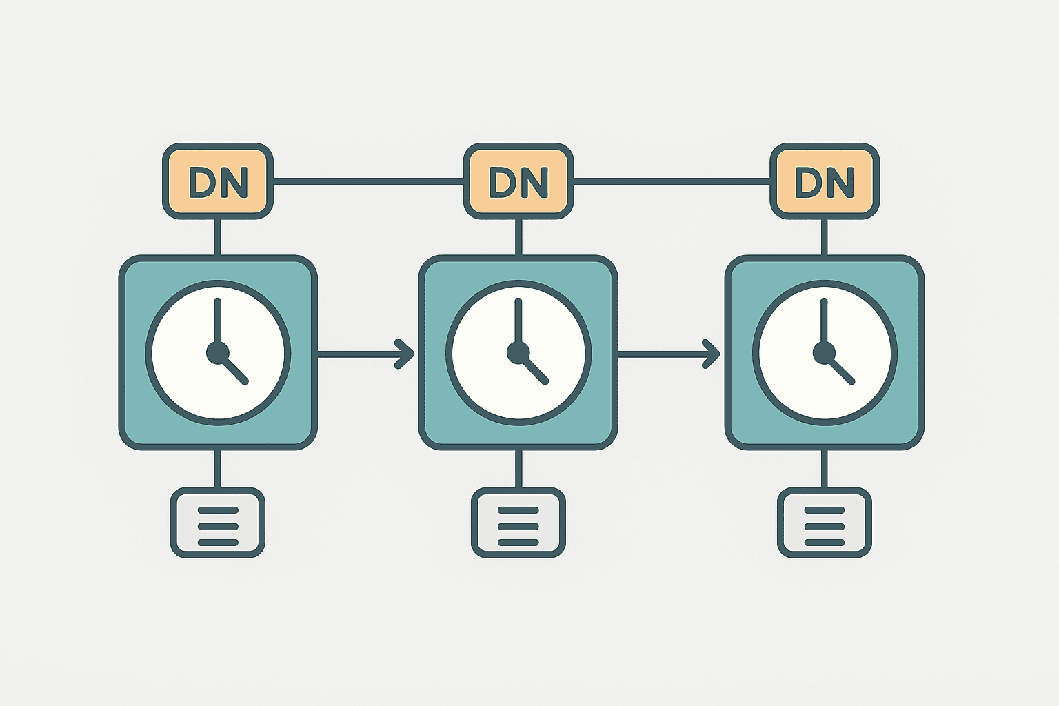 Flat vector diagram of three cascading PLC TON timers in ladder logic where each timer done bit triggers the next step in a timed sequence