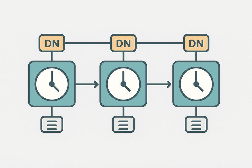 Flat vector diagram of three cascading PLC TON timers in ladder logic where each timer done bit triggers the next step in a timed sequence