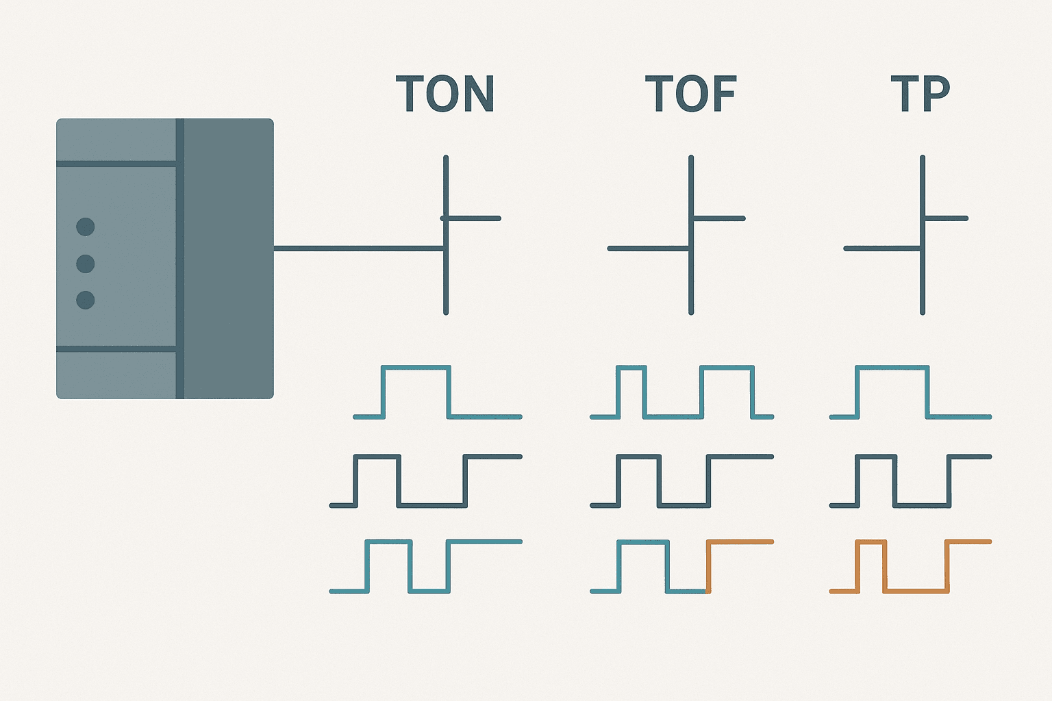 Flat vector diagram of three PLC timer ladder rungs labeled TON, TOF and TP each with a timing waveform showing input and output signal behavior