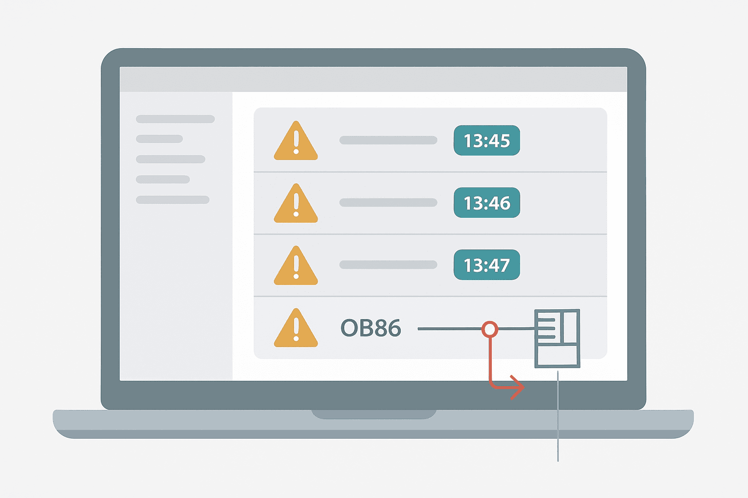 Flat vector diagram of TIA Portal diagnostic buffer panel showing three Siemens PLC error code entries with OB86 highlighted and a PROFINET device disconnection arrow