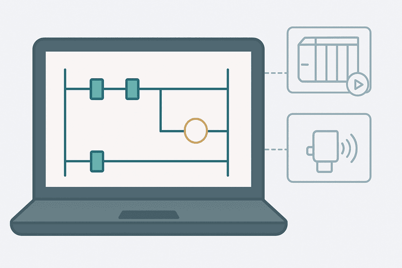 Flat vector diagram showing a laptop running a ladder logic simulation with ghost PLC rack and sensor icons connected by dashed lines, representing offline PLC simulation