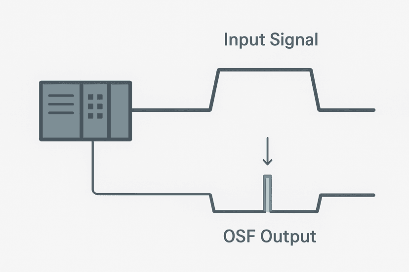 Flat vector diagram showing a PLC input signal falling edge triggering a single OSF one-shot output pulse in ladder logic