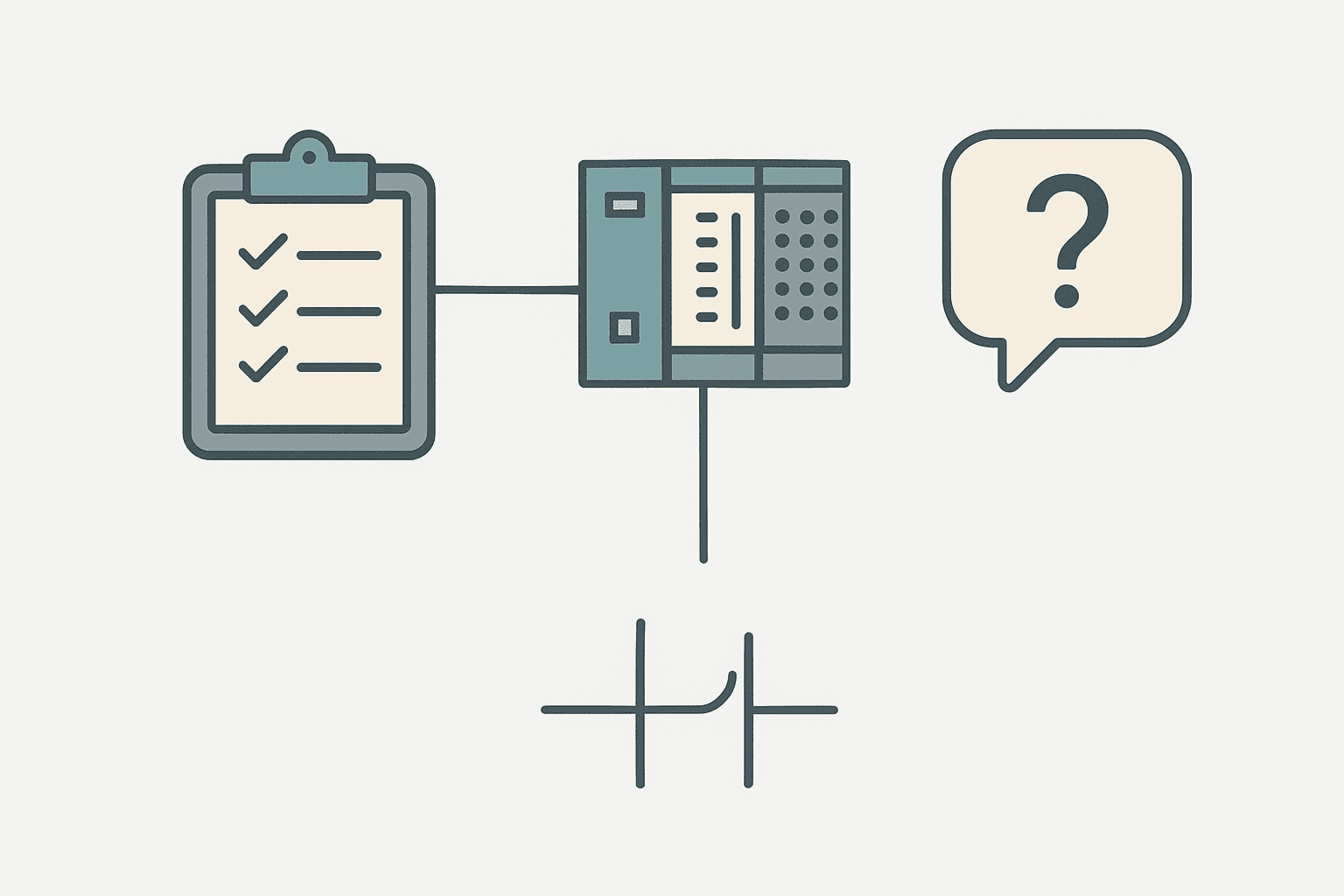Flat vector diagram showing a PLC programmer interview checklist alongside a PLC rack and ladder logic rung symbol