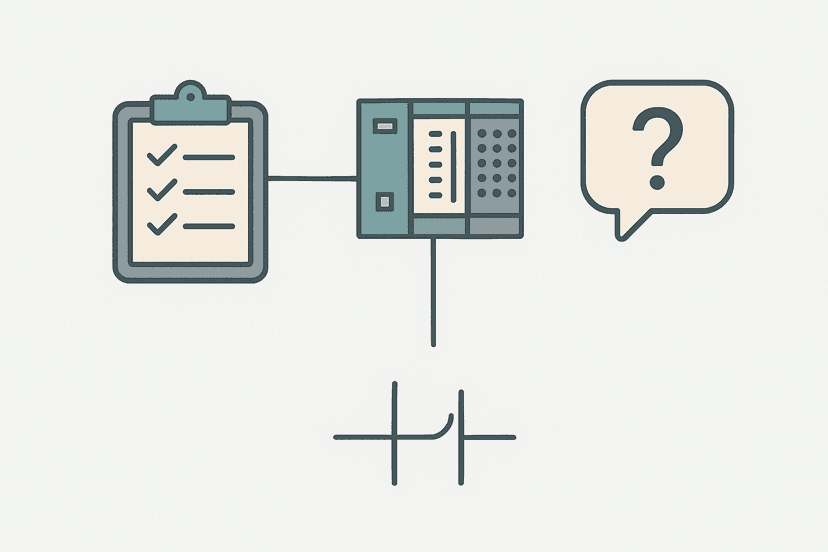 Flat vector diagram showing a PLC programmer interview checklist alongside a PLC rack and ladder logic rung symbol