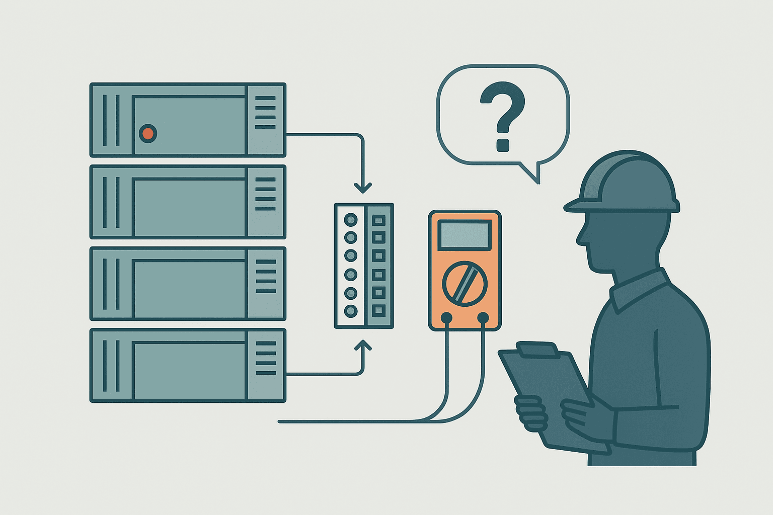 Flat vector diagram showing a PLC rack with a fault LED, a multimeter at a terminal block, and an engineer reviewing a checklist for troubleshooting interview preparation