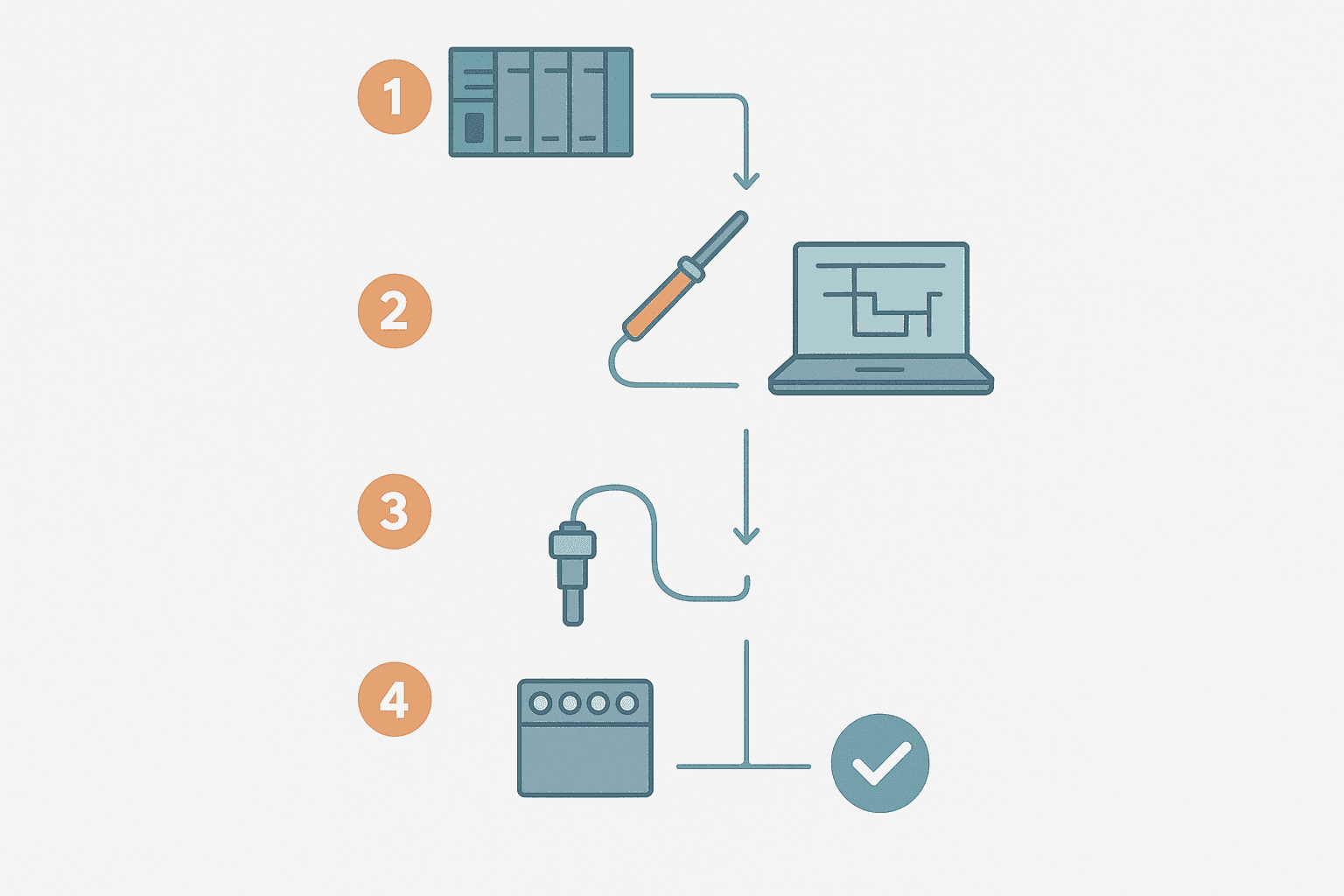 Flat vector diagram showing a six-step PLC fault finding flowchart with icons for a PLC rack, multimeter, laptop, sensor, terminal block and a green checkmark
