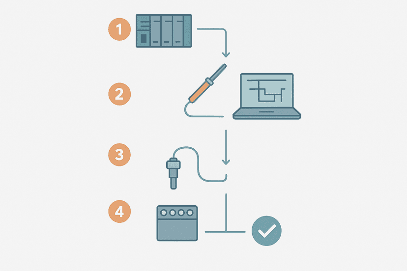 Flat vector diagram showing a six-step PLC fault finding flowchart with icons for a PLC rack, multimeter, laptop, sensor, terminal block and a green checkmark