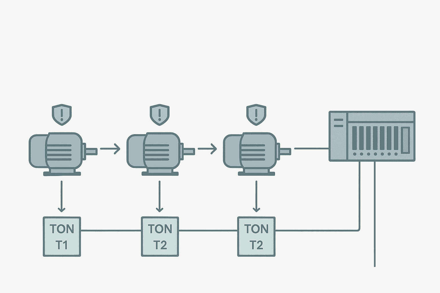 Flat vector diagram showing a three-motor start sequence connected to a PLC output rack with timed interlock arrows and fault latch symbols