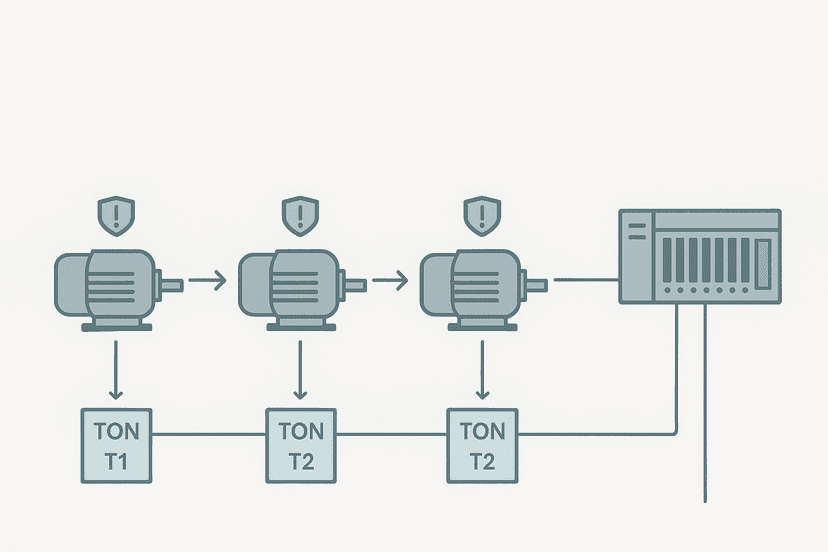 Flat vector diagram showing a three-motor start sequence connected to a PLC output rack with timed interlock arrows and fault latch symbols
