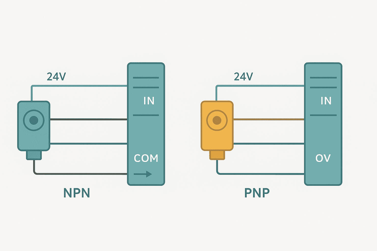 Flat vector diagram showing NPN sensor wiring to a sinking PLC input module on the left and PNP sensor wiring to a sourcing PLC input module on the right with current flow arrows