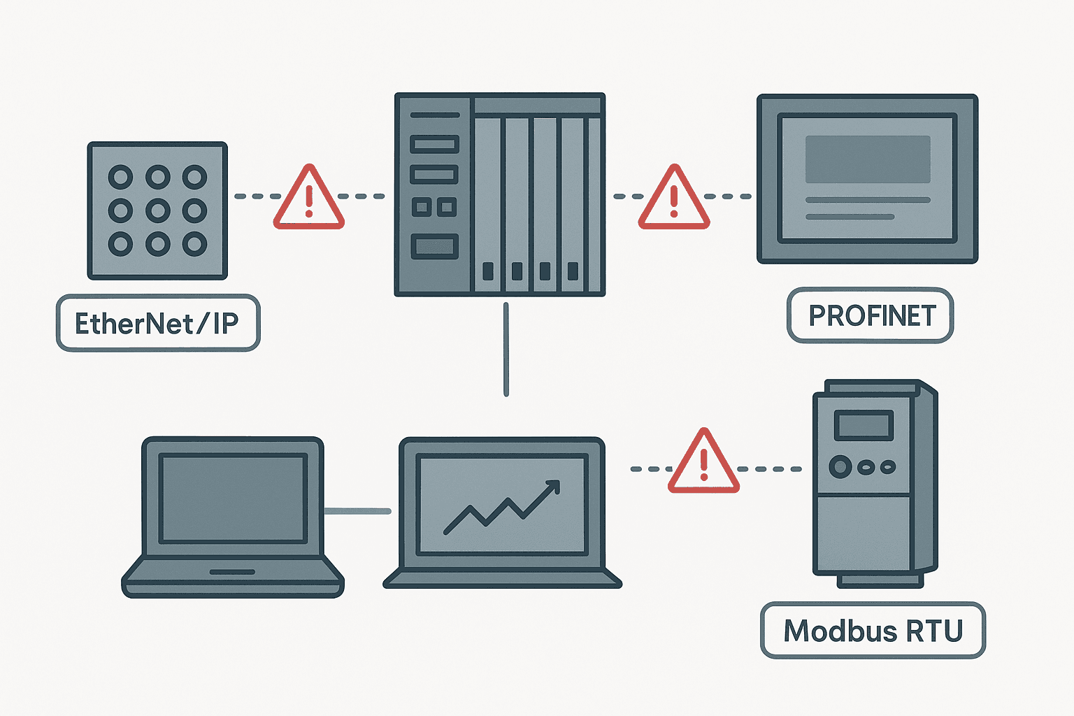 Flat vector diagram showing PLC communication faults with broken network connections between a PLC rack, HMI, remote I/O module and VFD drive