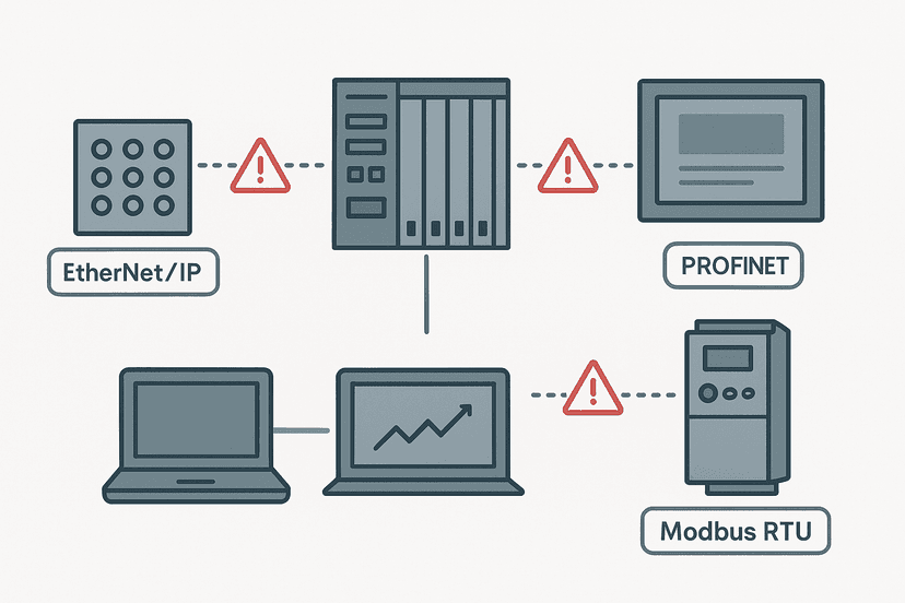 Flat vector diagram showing PLC communication faults with broken network connections between a PLC rack, HMI, remote I/O module and VFD drive