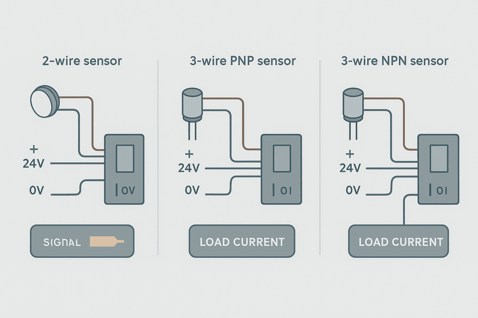 Flat vector diagram showing PNP and NPN proximity sensor wiring connections to a PLC input module with labeled wire colors and current flow arrows