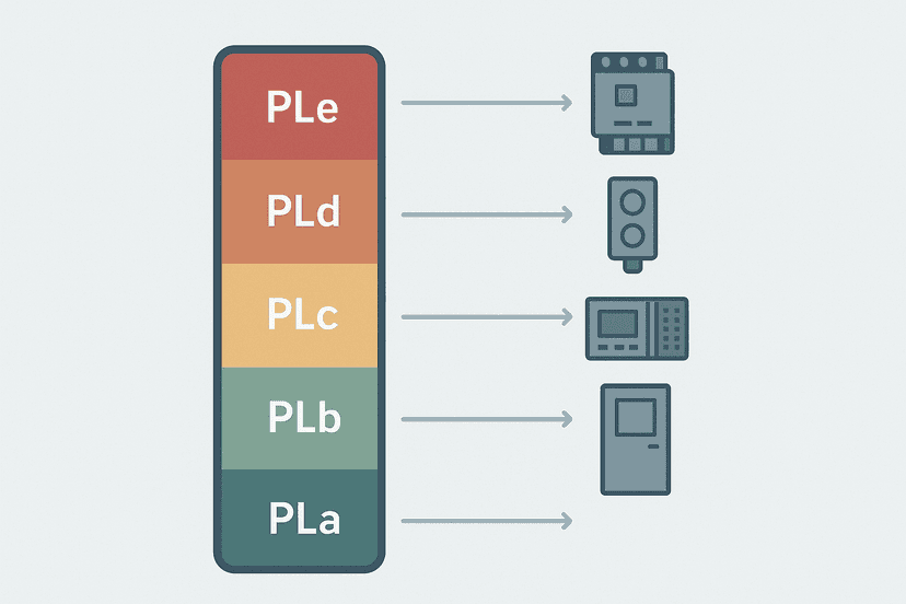 Flat vector diagram showing the ISO 13849-1 Performance Level scale from PLa to PLe with safety function icons and risk parameter arrows