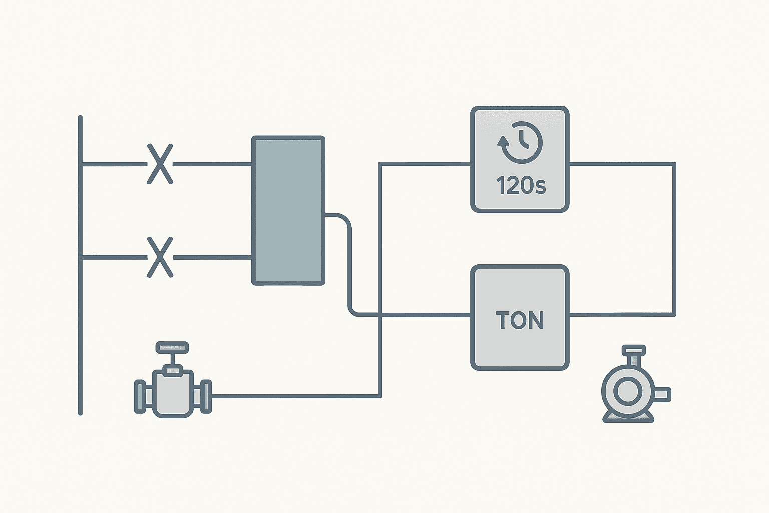 Flat vector illustration of two tank fill control ladder rungs showing level switch contacts, OTL fill active latch, and TON fill timeout fault logic for a PLC exercise