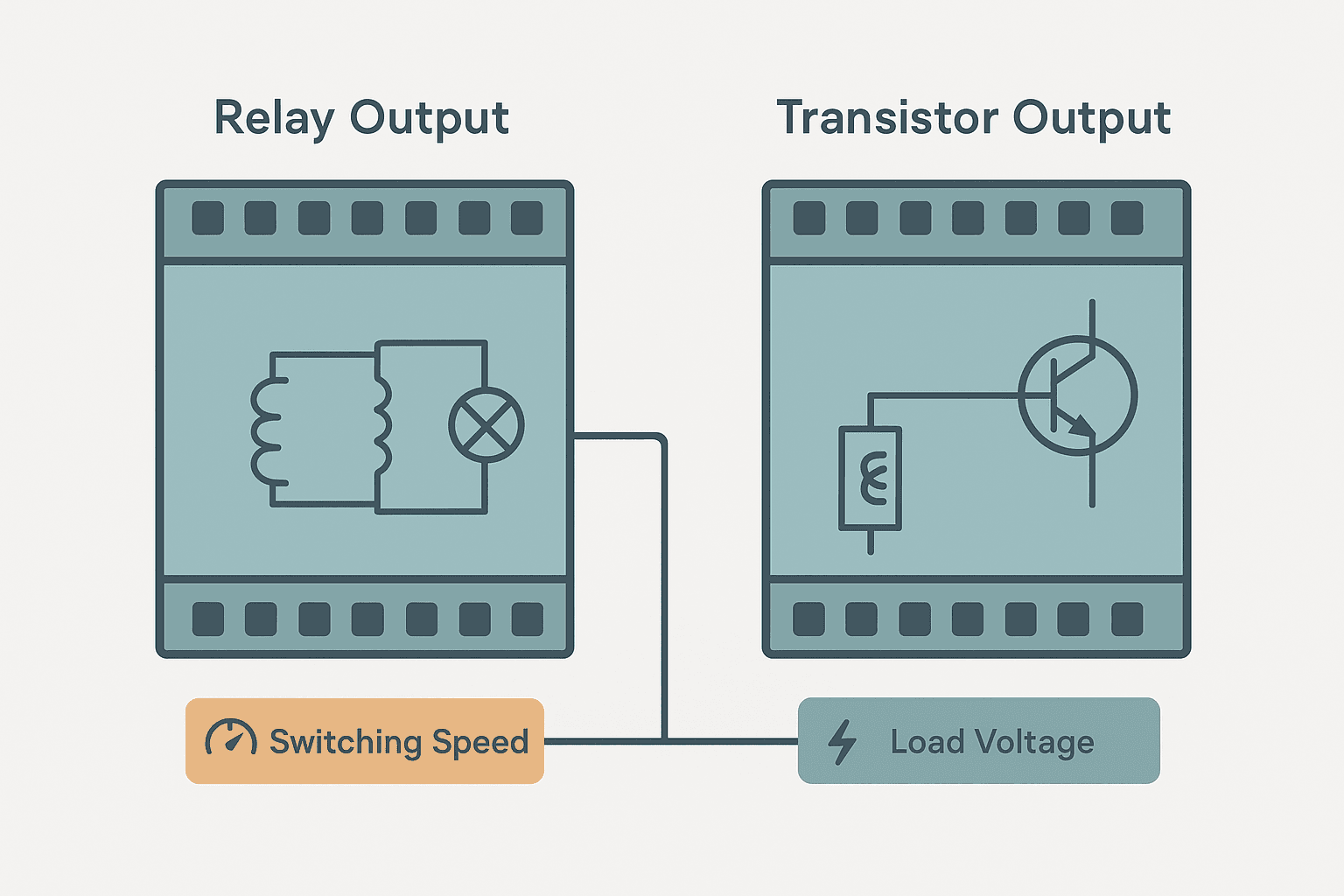Flat vector infographic comparing a relay output PLC module connected to an AC load and a transistor output module connected to a DC load, showing their internal switching elements side by side