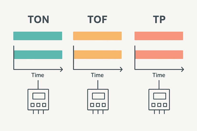 Flat vector infographic comparing TON on-delay, TOF off-delay and TP pulse PLC timer waveforms side by side with labeled input and output signal bars
