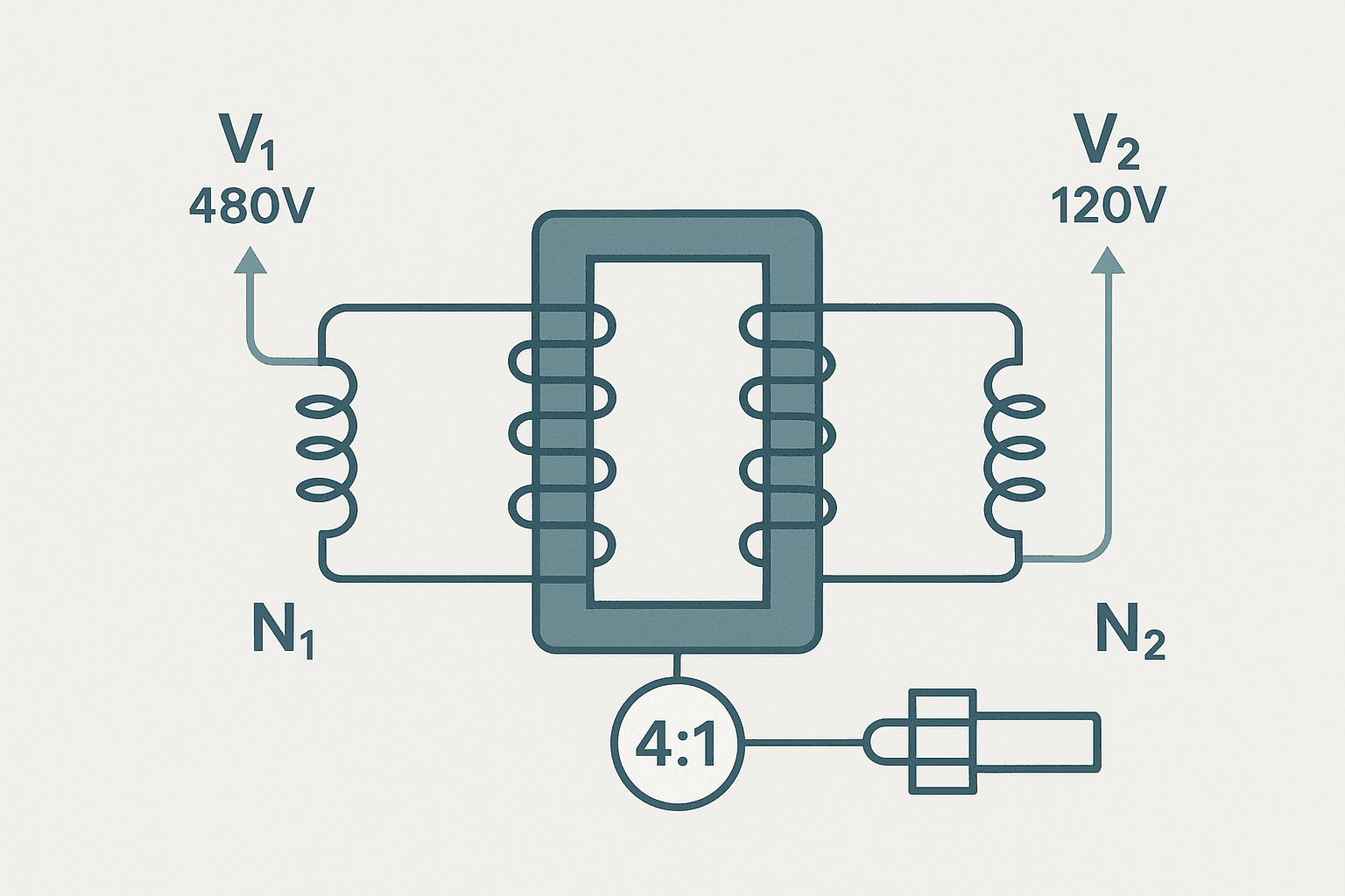 Flat vector infographic illustrating electrical transformer turns ratio with 480V primary and 120V secondary windings showing 4 to 1 ratio calculation