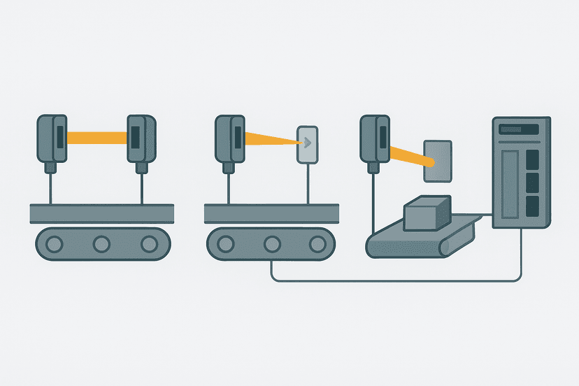 Flat vector infographic of three photoelectric sensor modes connected to a PLC rack, showing through-beam, retro-reflective and diffuse beam paths on a conveyor