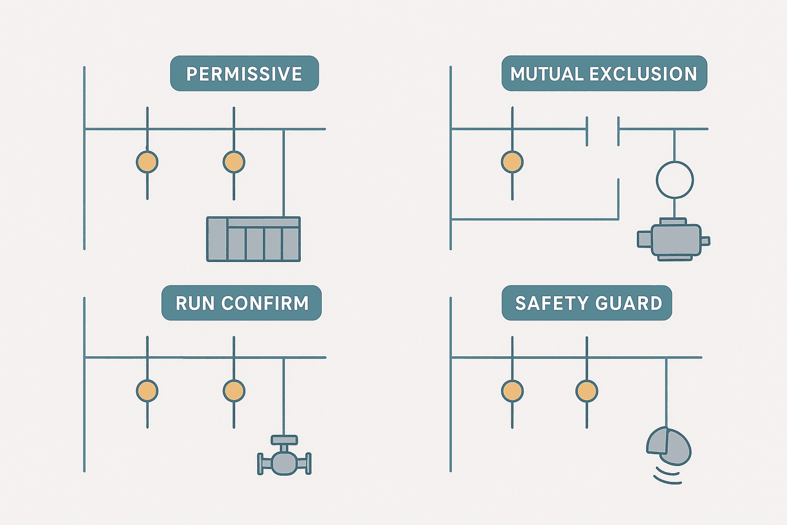 Flat vector infographic showing four ladder logic interlock rung patterns for PLC programming, including permissive, mutual exclusion, run confirm and safety guard circuits