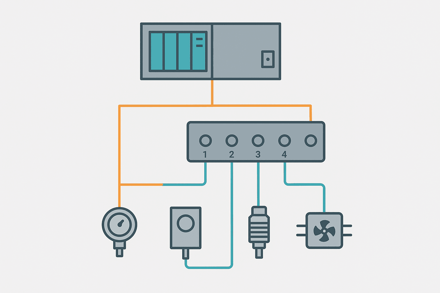 Flat vector IO-Link topology showing PLC connected via PROFINET to an IO-Link master, which connects to four sensors on individual ports