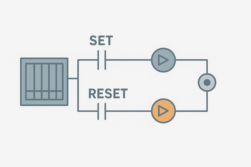 Flat vector ladder logic diagram showing a set-reset flip-flop with OTL and OTU latch coils driving a shared output tag on a PLC rack