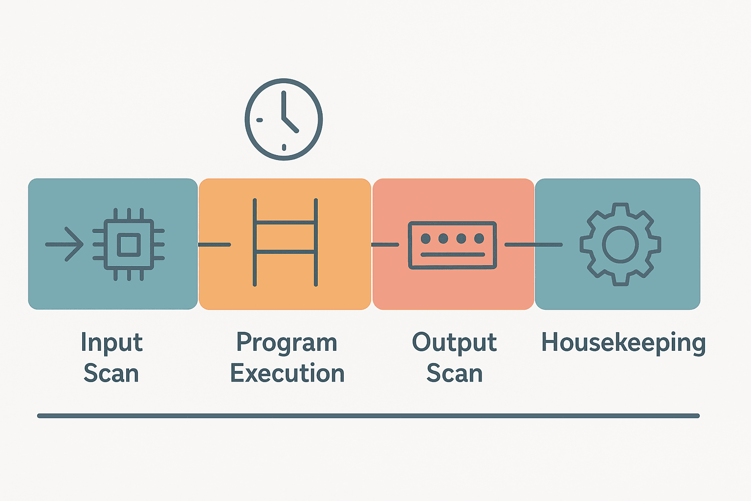 Flat vector timeline diagram of the four PLC scan cycle phases showing input scan feeding a memory image table, program execution against that image, output scan writing to physical terminals, and a housekeeping phase with a CPU icon