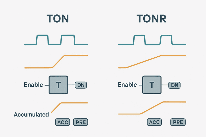 Flat vector timing diagram comparing a TON timer that resets on false rung with a retentive TONR timer that holds its accumulated value across multiple enable pulses
