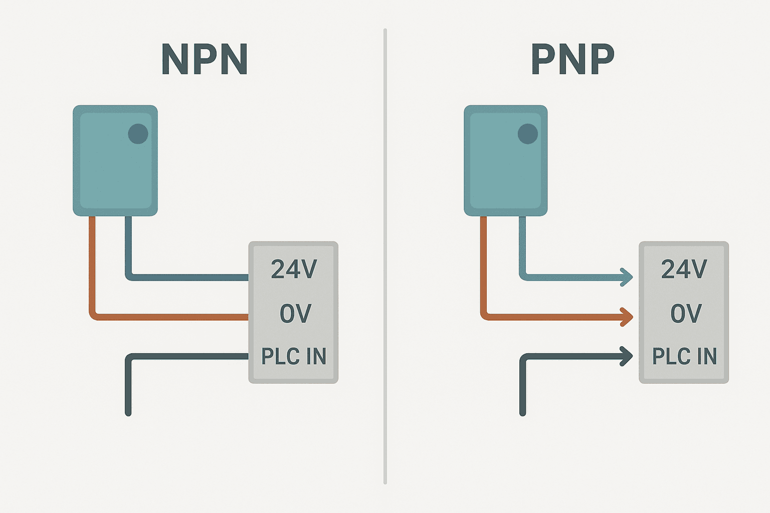 Flat vector wiring diagram comparing NPN and PNP sensor connections to a PLC digital input module showing current flow direction for each type