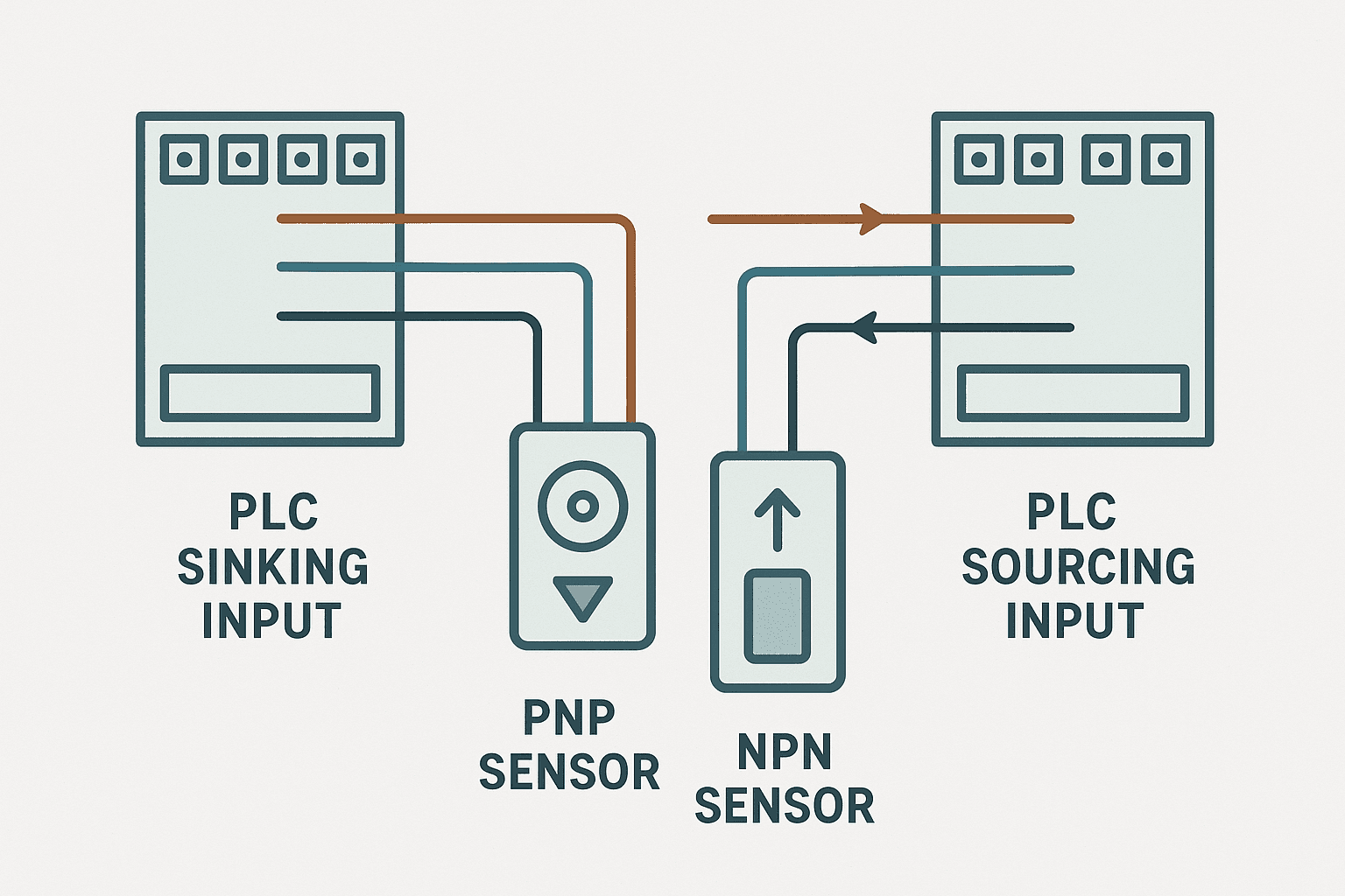 Flat vector wiring diagram comparing PNP sensor connected to sinking PLC input versus NPN sensor connected to sourcing PLC input
